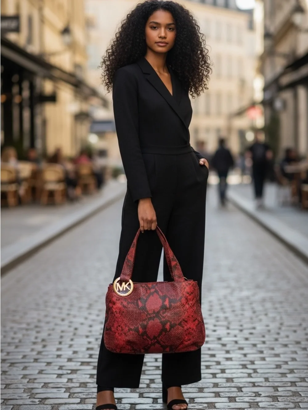 Michael Kors Red and Black Embossed Snake-Print Shoulder Tote with MK Dust Bag - Picture 2 of 15